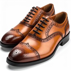 Polished tan leather wingtip dress shoes, black laces