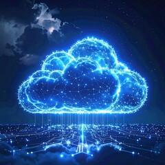 Glowing blue cloud hovering above digital landscape