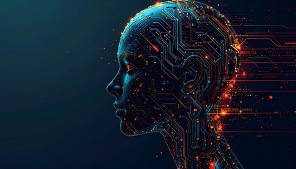Digital rendering showing a human silhouette composed of circuitry and glowing orange points, suggesting AI or futuristic technology