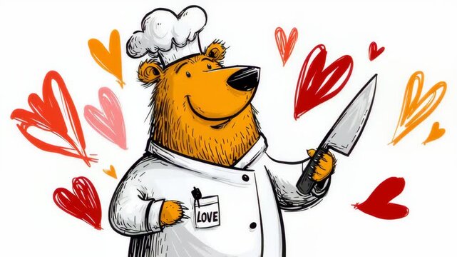Cartoon bear chef holding a knife and wearing a white hat. The bear is surrounded by hearts, and the image conveys a sense of love and warmth