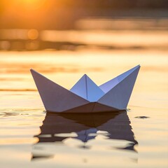 Paper boat sails gently on water, warm sunset backdrop
