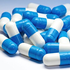 Pile of blue and white capsule pills
