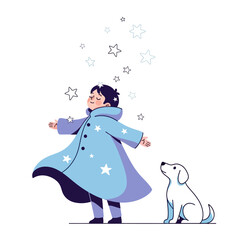 Enchanting childlike wonder a magical moment shared with a loyal dog companion under starry sky