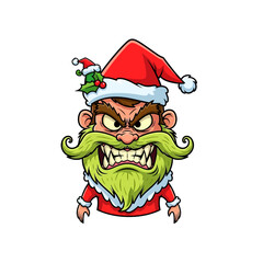 Grumpy santa illustration with angry expression and vibrant green beard holiday cheer