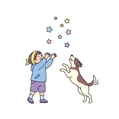 A child's whimsical game with a jumping dog and cascading pastel star shapes celebration