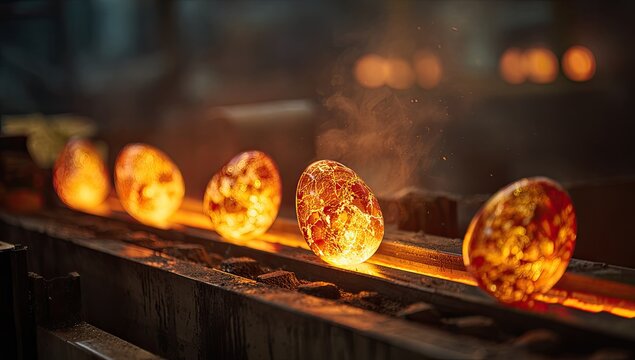 Glowing eggs on conveyor belt emit heat in a dark environment