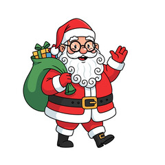 Festive santa claus illustration waving with a sack full of christmas gifts for holiday joy