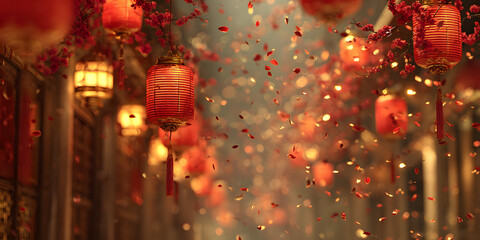 A vibrant Chinese New Year scene featuring glowing red lanterns and softly blurred confetti, set in a festive corridor bathed in warm golden light, celebrating traditional spring festival charm.