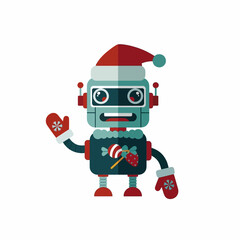 Festive robotic holiday helper with a Santa hat and cheerful winter accessories