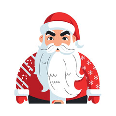 Cartoon depiction of a Santa Claus character with a stern expression and Christmas attire