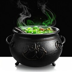 Bubbling cauldron with green potion, steam