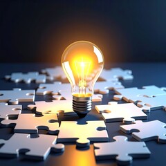 Glowing bulb amidst puzzle pieces on blue surface