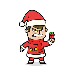 Grumpy Santa Claus character, festive attire with a stern expression holding a tiny gift