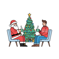 Holiday cheer shared: Santa and a friend relax with hot drinks by the decorated Christmas tree