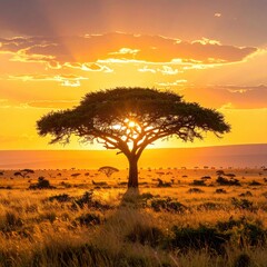 Sunset behind African acacia, dry savannah, distant hills