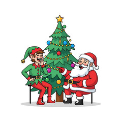 Festive holiday cheer with santa and elf enjoying a lighthearted moment near christmas tree