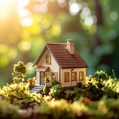 Tiny house nestled amongst moss under a sunny forest canopy