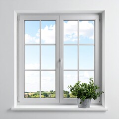 White window frames sky; pot plant on sill
