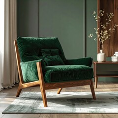 Emerald chair. Wood frame. Luxe, minimalist interior