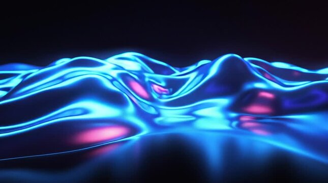 a glowing neon blue slime wave flowing across a black virtual studio, highly polished metallic surface, futuristic realism