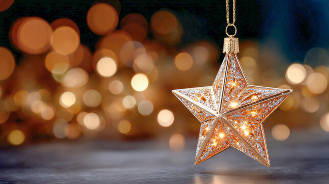 A single, shimmering, gold star-shaped Christmas ornament adorned with crystals, subtly lit from within, hanging against a softly blurred background of warm, golden bokeh lights - Powered by Adobe