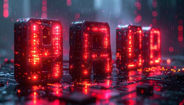 Futuristic image featuring digital display letters emitting red light on a circuit board surface. Rain falls in background