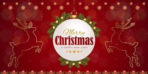 Christmas and New Year greeting cards with xmas decoration. Winter Holiday Posters or banners design in modern realistic style with fir branches, gift boxes, christmas tree toys deer and stars	
