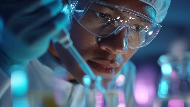 Clinical biochemistry lab, researcher measuring enzymes using pipette and glassware, metallic reflections and bright sterile tone.
