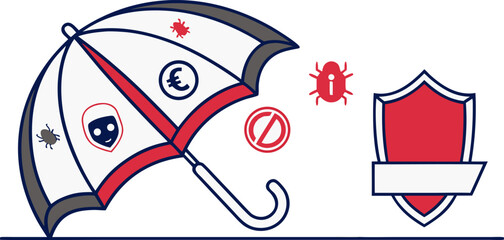 Flat vector illustration showing umbrella protecting laptop with lock and warning shield, symbolizing cybercrime risks, data breach alerts and online security for tech banners, apps and infographics.