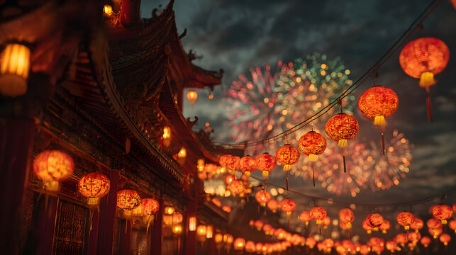 Vibrant chinese new year celebration with traditional red lanterns and fireworks illuminating a temple at dusk