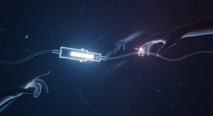 Two glowing digital hands connect through a futuristic energy conduit in a dark, abstract space, symbolizing digital connection and interaction.