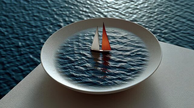 Small sailboat is floating in a bowl of water. The bowl is white and the water is blue. The sailboat is the only object in the image
