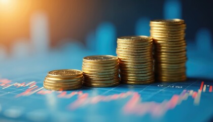 Stacks of gold coins on a blue financial chart graph indicate rising value and wealth. Coins represent investment growth, profit, and economic success.