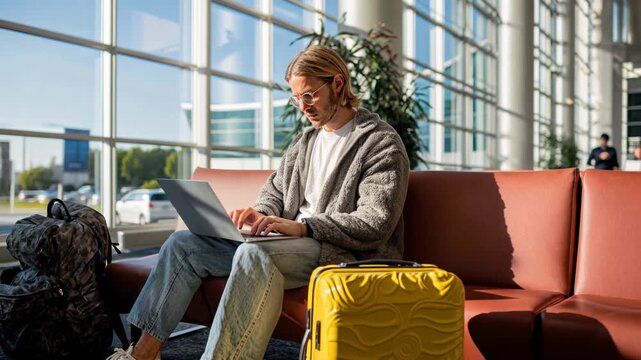 Traveler works from airport lounge with carry-on beside bright window, blending remote productivity, comfort, and stylish pre-flight routine for modern nomads.