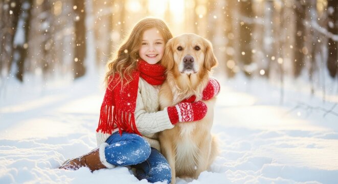 Girl in red scarf sits in snow with golden retriever enjoying winter day in forest