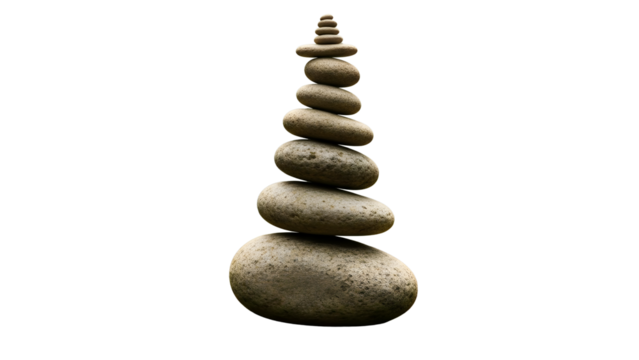 Tall stack of smooth stones balanced against a white background