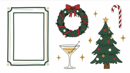 A vintage-style collection of hand-drawn Christmas celebration elements and icons