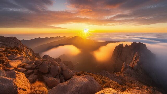 AI-Video of Sunset Over Mount Buko in Golden Light. The scene opens with layered clouds drifting across the horizon, illuminated by warm golden light that enhances the mountain&rsquo;s rugged silhouette. 