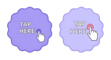 Tap Here" interactive button icons with hand cursor pointer for web and mobile user interface design, encouraging digital engagement and action prompts