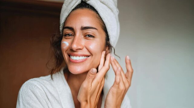 Smiling woman in towel applies face cream, joyful and healthy beauty routine for cosmetics, pampering, and body positivity branding.
