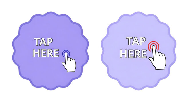 Tap Here" interactive button icons with hand cursor pointer for web and mobile user interface design, encouraging digital engagement and action prompts