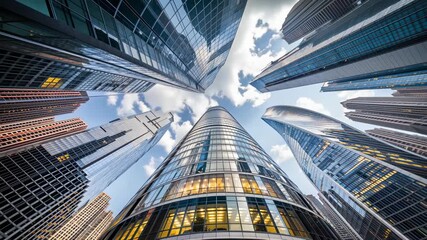 Modern city skyscrapers from below, dramatic urban energy and financial progress for business, property, and cityscape branding ambitions.