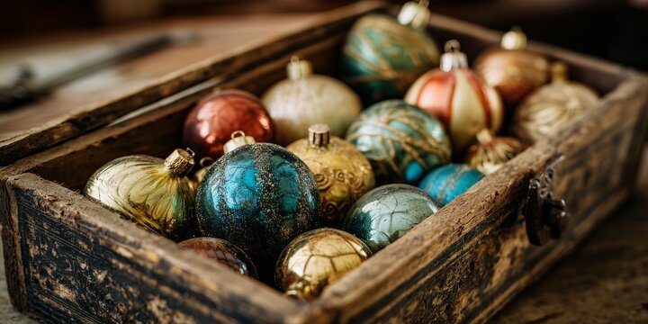 Close-up of Vintage Christmas Ornaments in Wooden Box