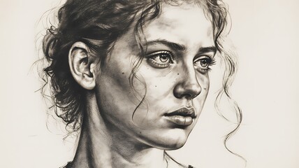 Realistic Charcoal Sketch of Young Woman in Contemplative Sad Pose