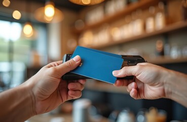 Person pays with blue credit card at cafe terminal. Customer uses contactless payment for purchase. Cashier scans card for transaction. Paying with bank card.