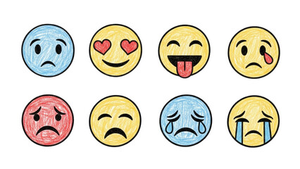 Collection of hand-drawn emoji faces showcasing a diverse range of human emotions and expressions with a childlike crayon style