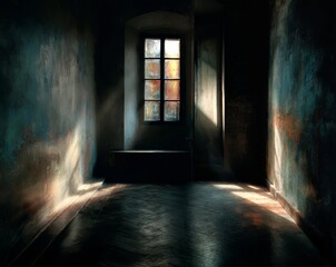 Moody interior of an old room with textured walls, wooden floor, and a single light illuminating a window, evoking a dramatic atmosphere.