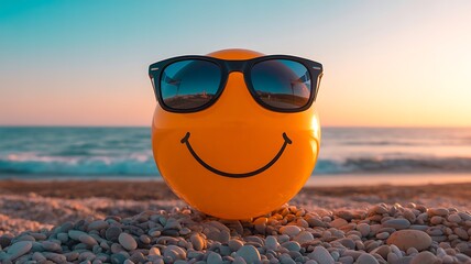 Smiley Face Character Wearing Sunglasses on Pebble Beach at Sunset