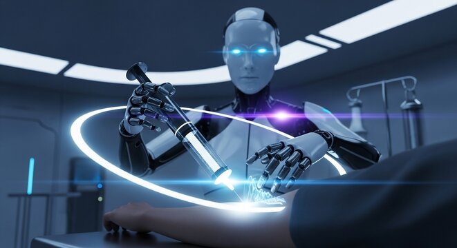 Humanoid robot with glowing eyes performing a medical procedure on a patient's arm in a futuristic operating room.