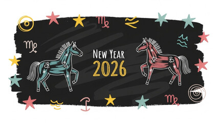 Naklejka premium Happy New Year 2026 Greeting with Horses and Zodiac Symbols on Chalkboard